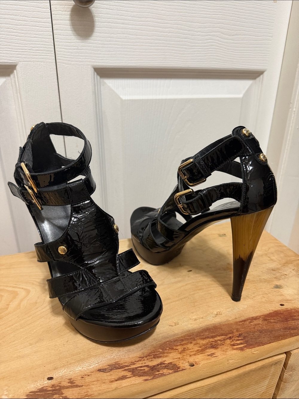 Stuart Weitzman Black Patent Leather Gladiator Platform Wood Heels